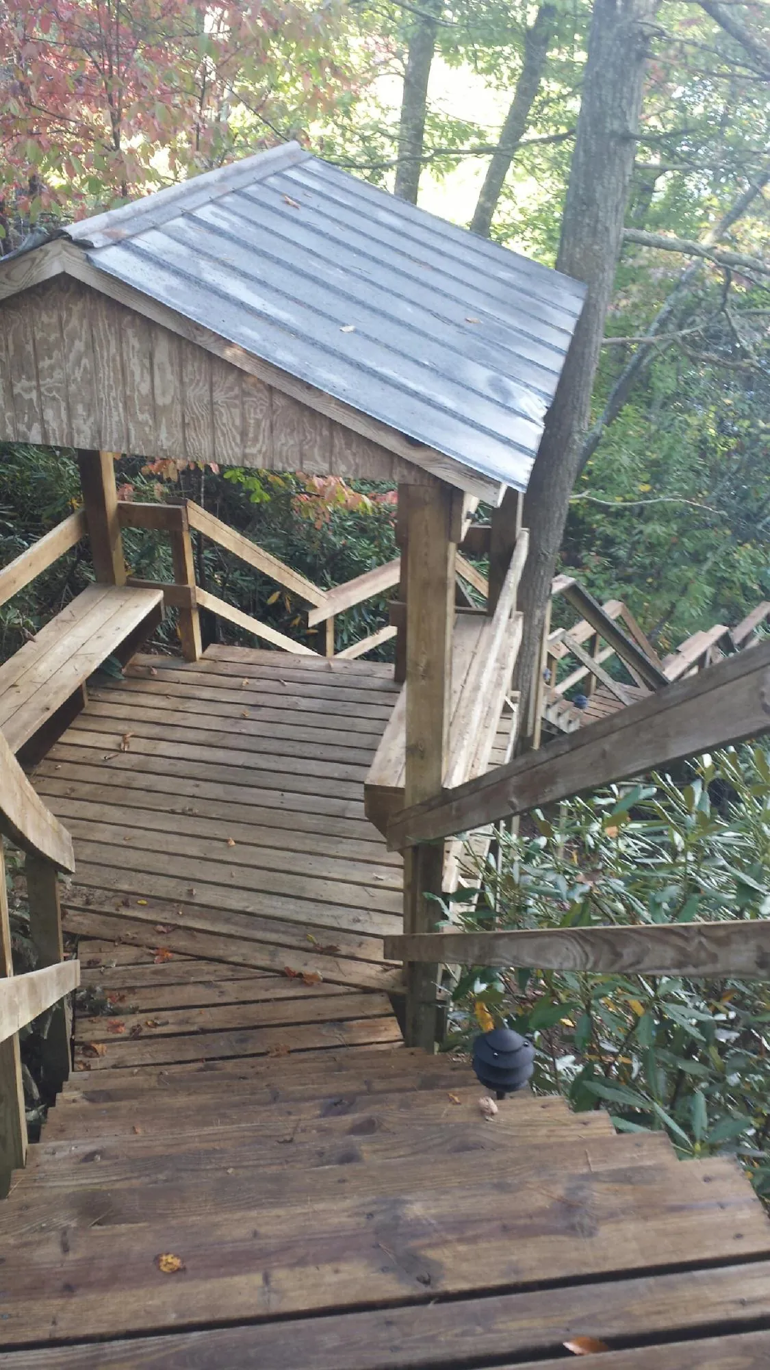 Metal roofed shelter over wooden steps on a wooded walkway — Skylight Repair & Installation work by our crew in Bennettsville